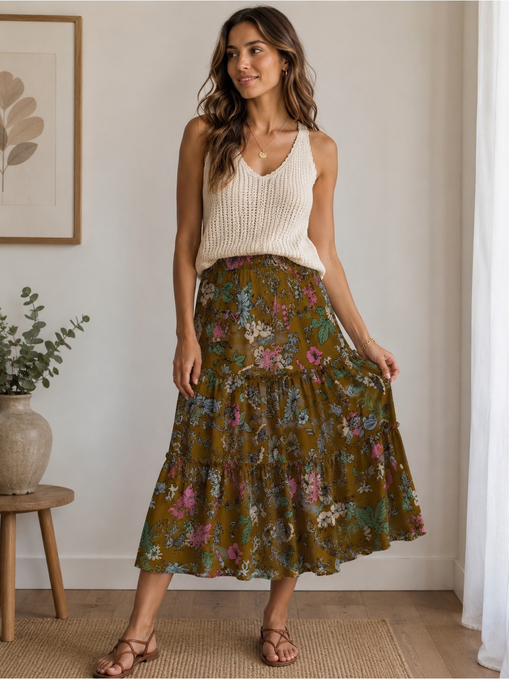 aerie Olive Green Floral Midi Skirt